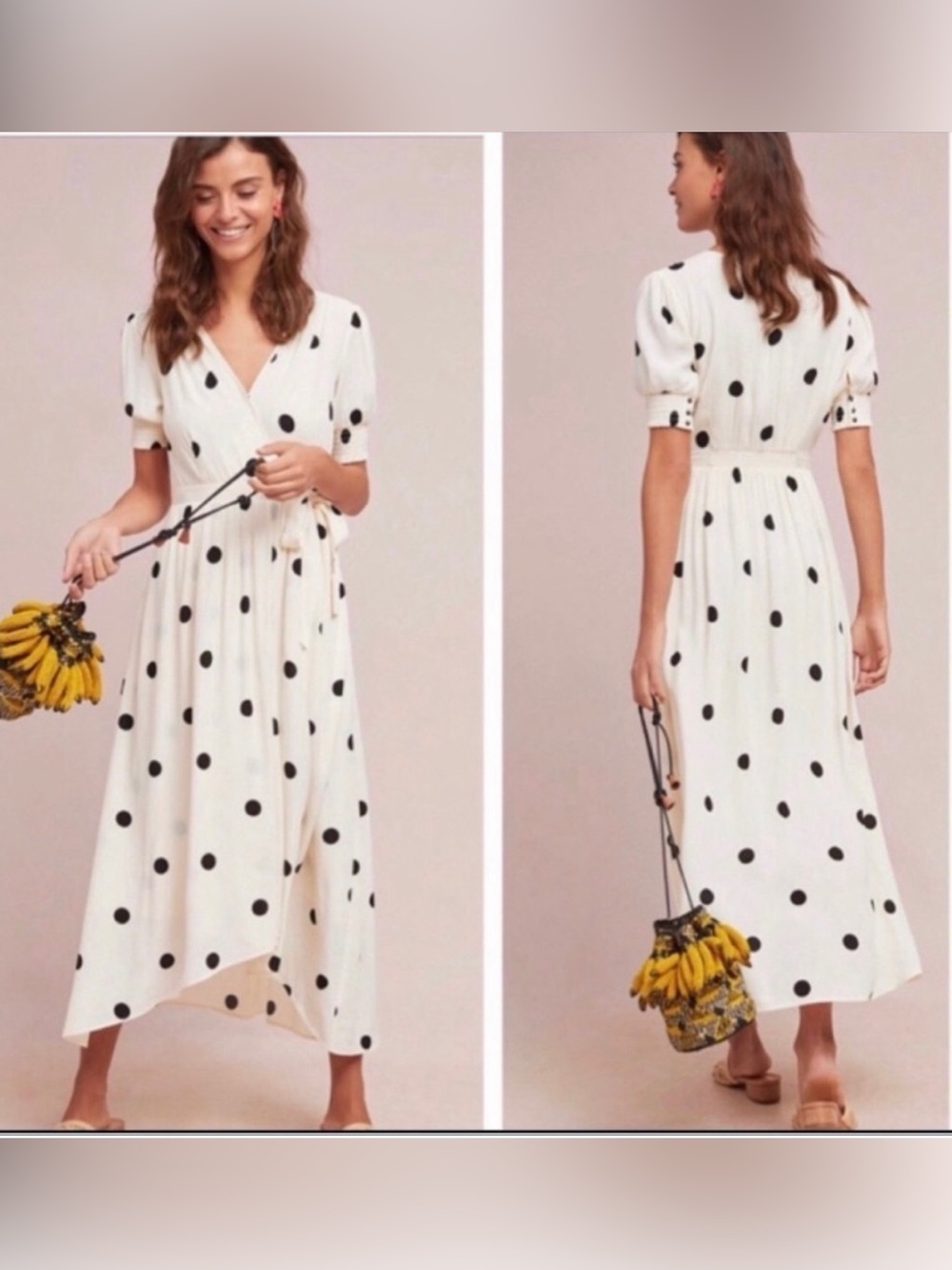 Maeve Anthropologie Polka Dot Wrap Midi Dress White Black Asymmetrical Hem 6